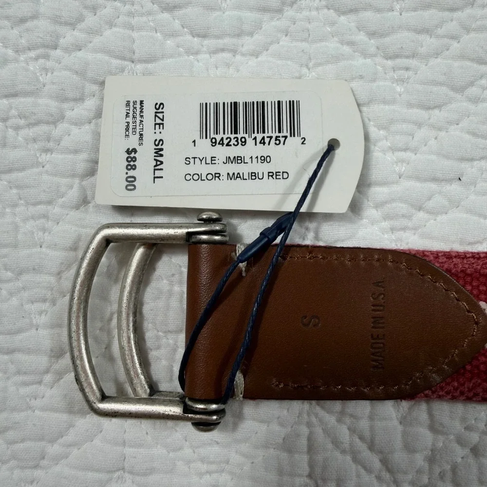 Johnnie-O Mens Striped D-Ring Belt Malibu Red White Canvas Leather Size S NEW‎